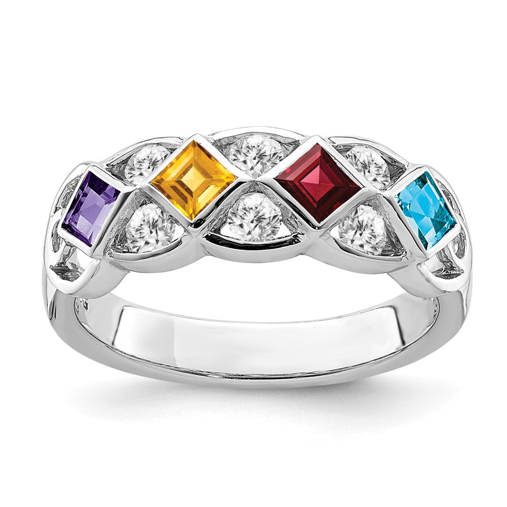 SS Rhodium-plated w/CZ, Amethyst, Citrine, Garnet & Blue Topaz Ring