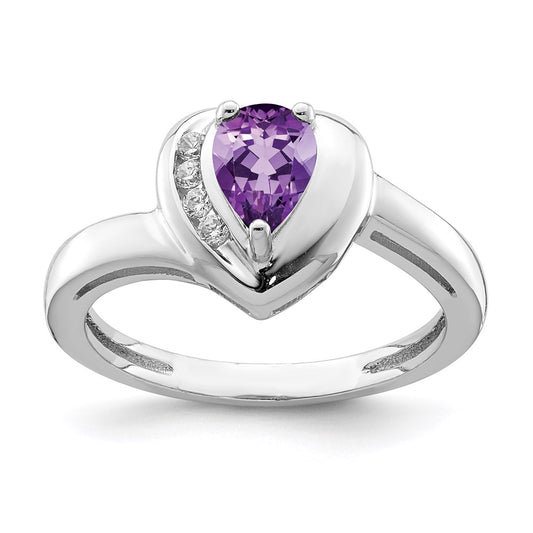 Sterling Silver Rhodium-plated Amethyst and White Topaz Heart Ring