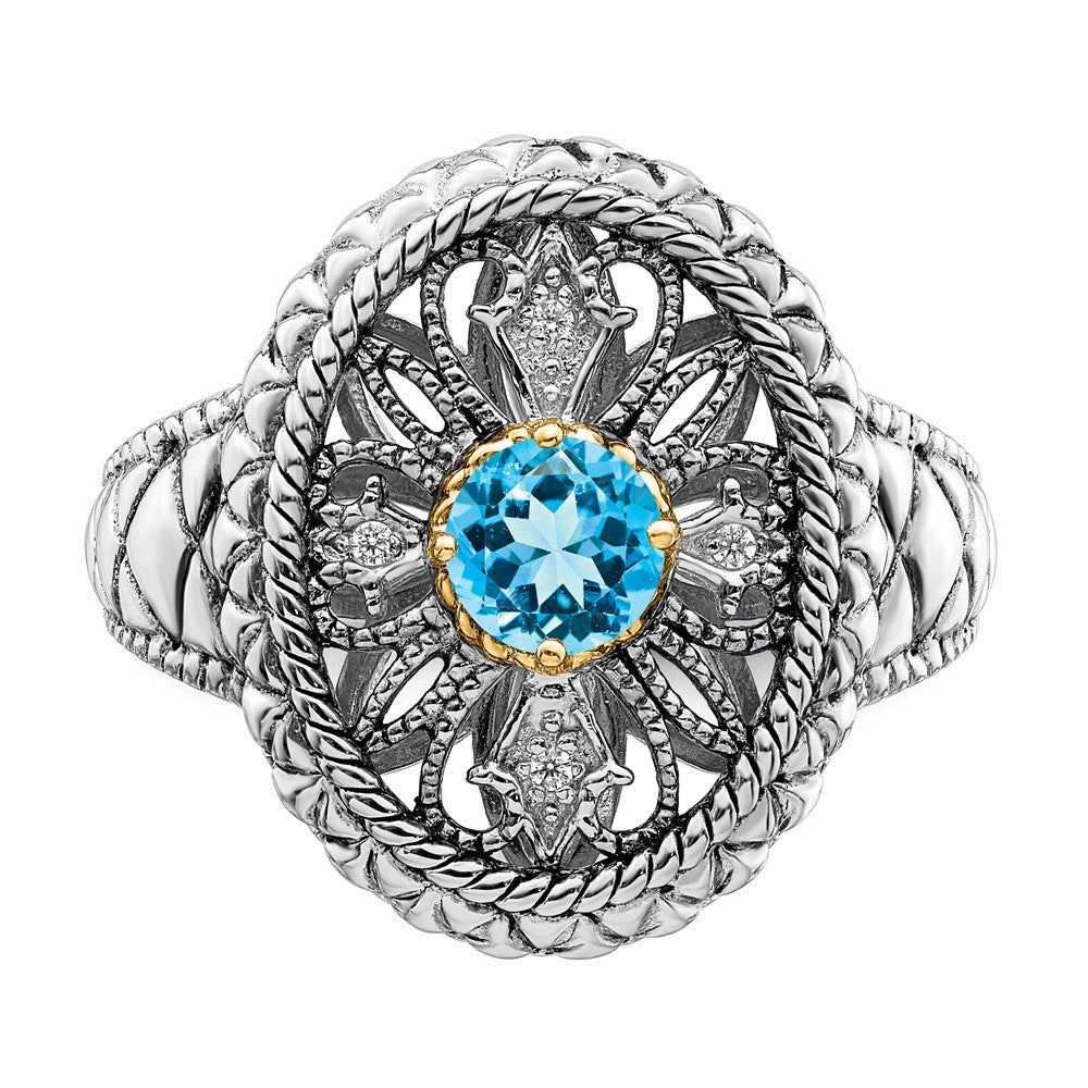 Sterling Silver Rhodium w/14k Accent Blue Topaz & CZ Oval Fancy Ring