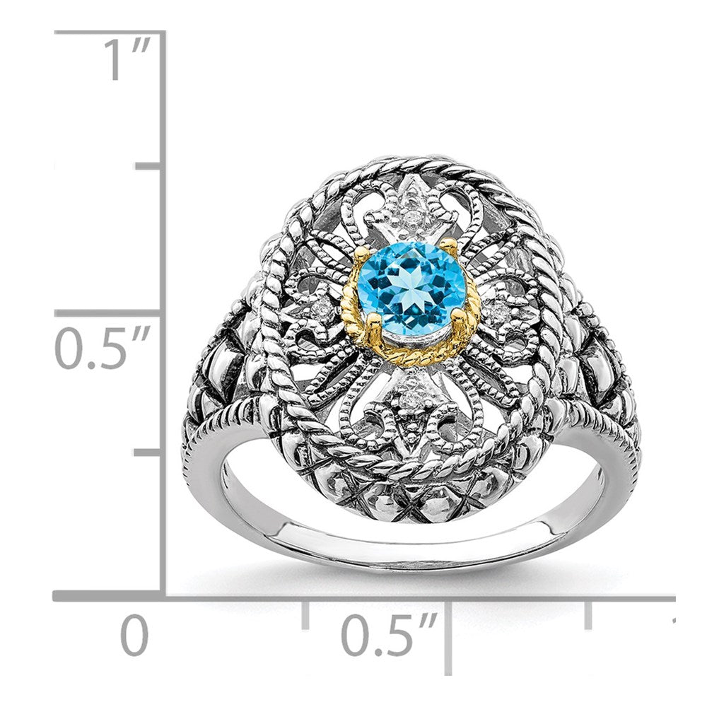 Sterling Silver Rhodium w/14k Accent Blue Topaz & CZ Oval Fancy Ring