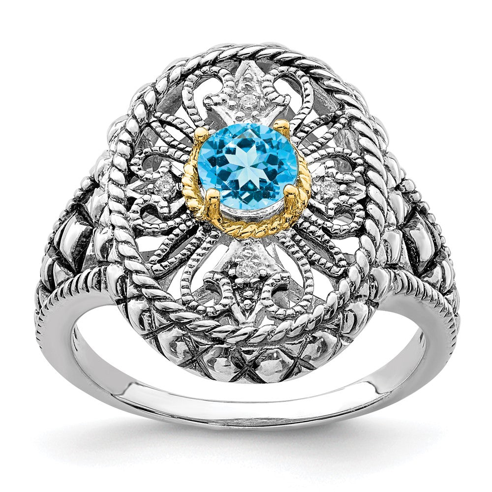 Sterling Silver Rhodium w/14k Accent Blue Topaz & CZ Oval Fancy Ring