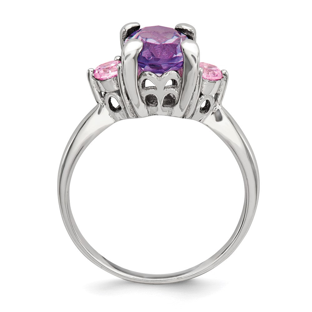 Sterling Silver Rhodium-plated w/Pink CZ and Amethyst Ring