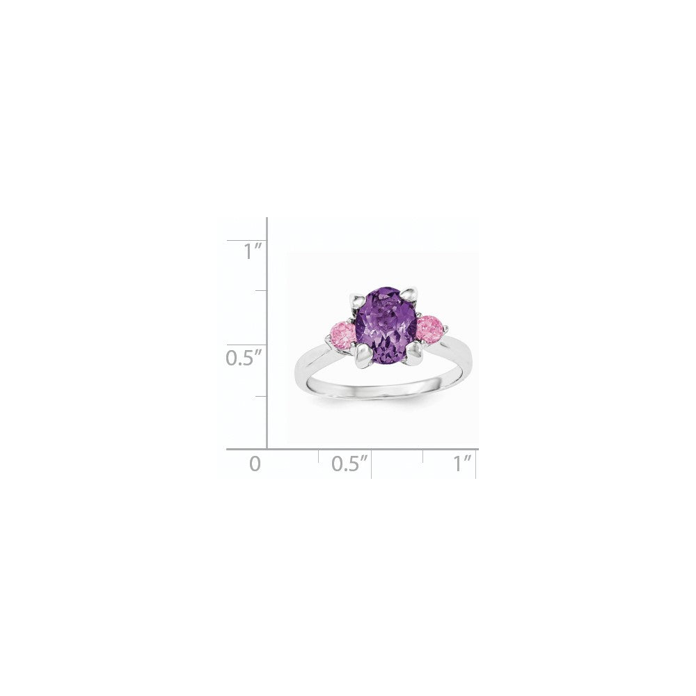 Sterling Silver Rhodium-plated w/Pink CZ and Amethyst Ring