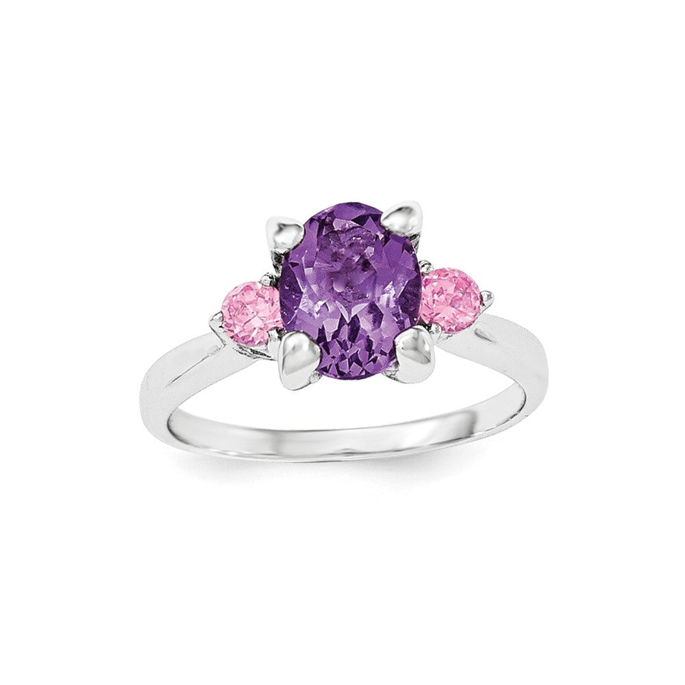 Sterling Silver Rhodium-plated w/Pink CZ and Amethyst Ring