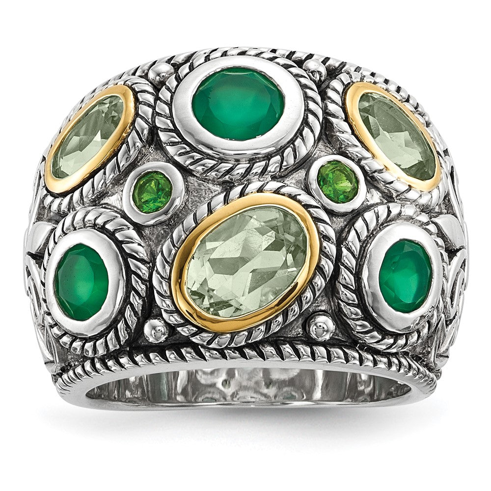 Sterling Silver Rhodium w/14k Green Quartz, Onyx, Peridot Dome Ring