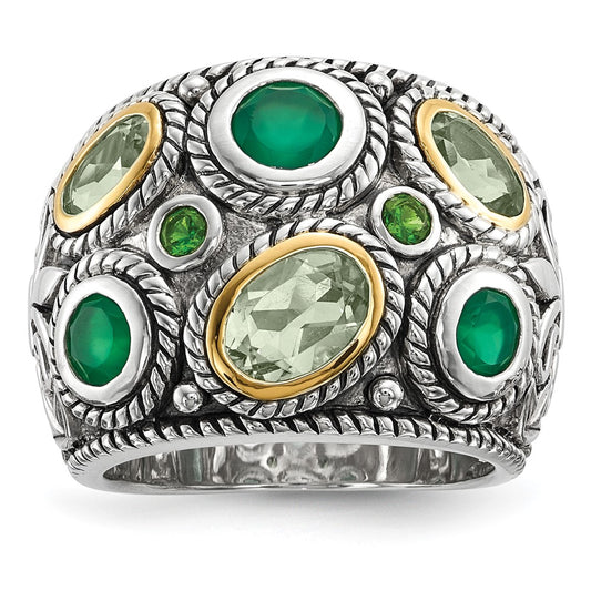 Sterling Silver Rhodium w/14k Green Quartz, Onyx, Peridot Dome Ring