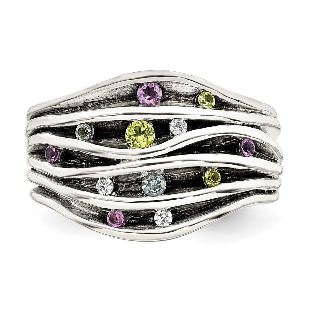 Sterling Silver Antiqued Blue Topaz/Peridot/Amethyst and CZ Ring