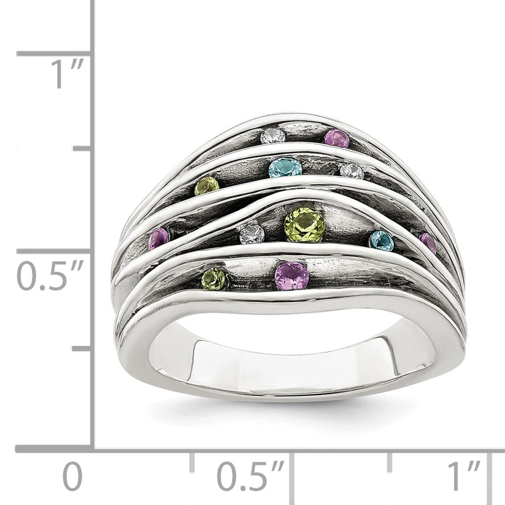 Sterling Silver Antiqued Blue Topaz/Peridot/Amethyst and CZ Ring