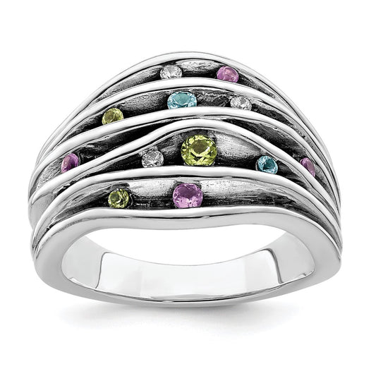 Sterling Silver Antiqued Blue Topaz/Peridot/Amethyst and CZ Ring