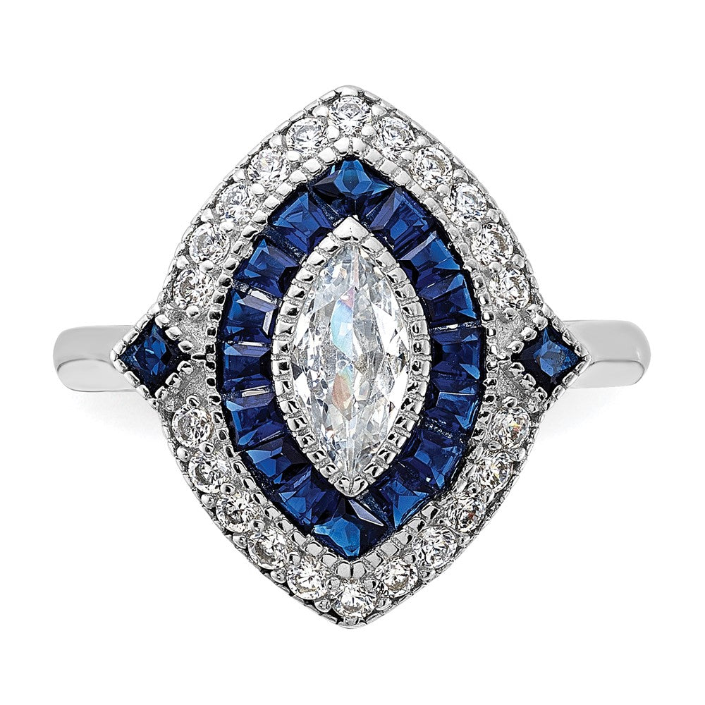 Sterling Silver Rhodium-plated CZ and Synthetic Blue Spinel Ring