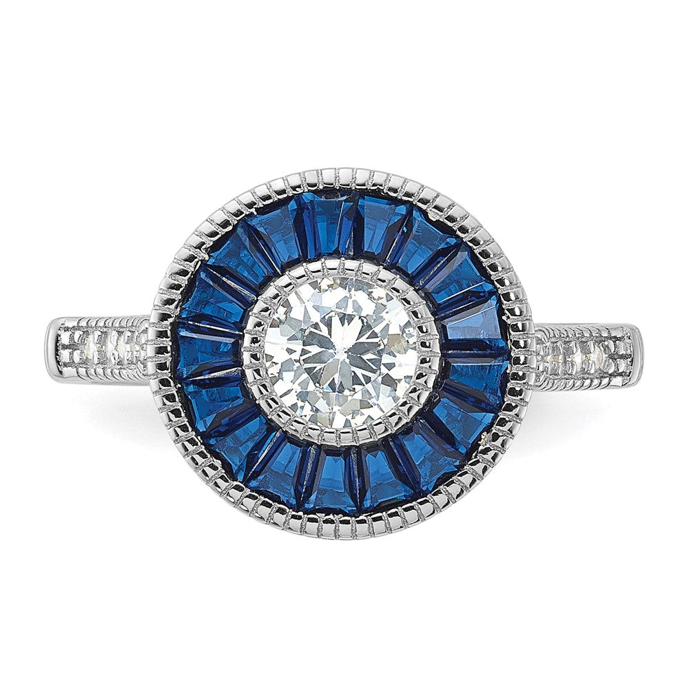 Sterling Silver Rhodium-plated Synthetic Blue Spinel and CZ Ring