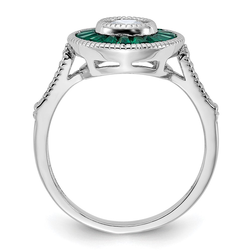 Sterling Silver Rhodium-plated Synthetic Green Spinel and CZ Ring