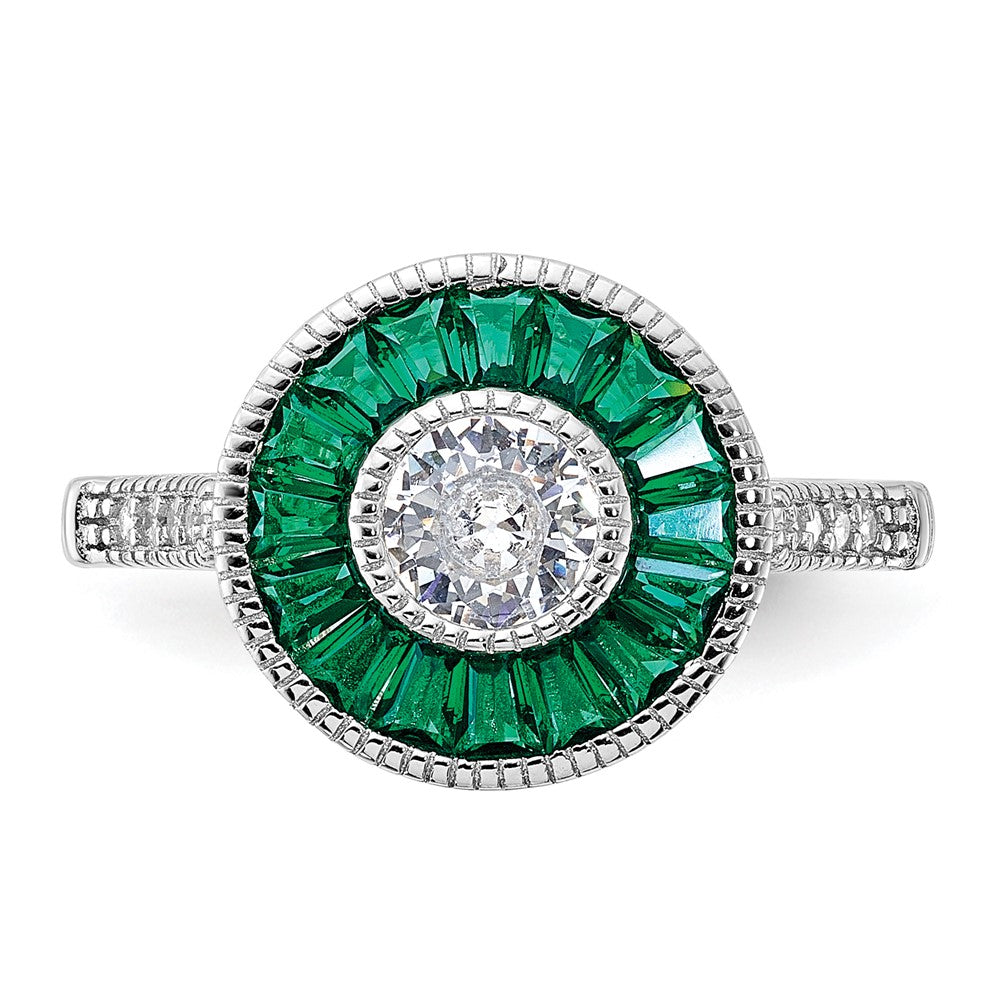 Sterling Silver Rhodium-plated Synthetic Green Spinel and CZ Ring