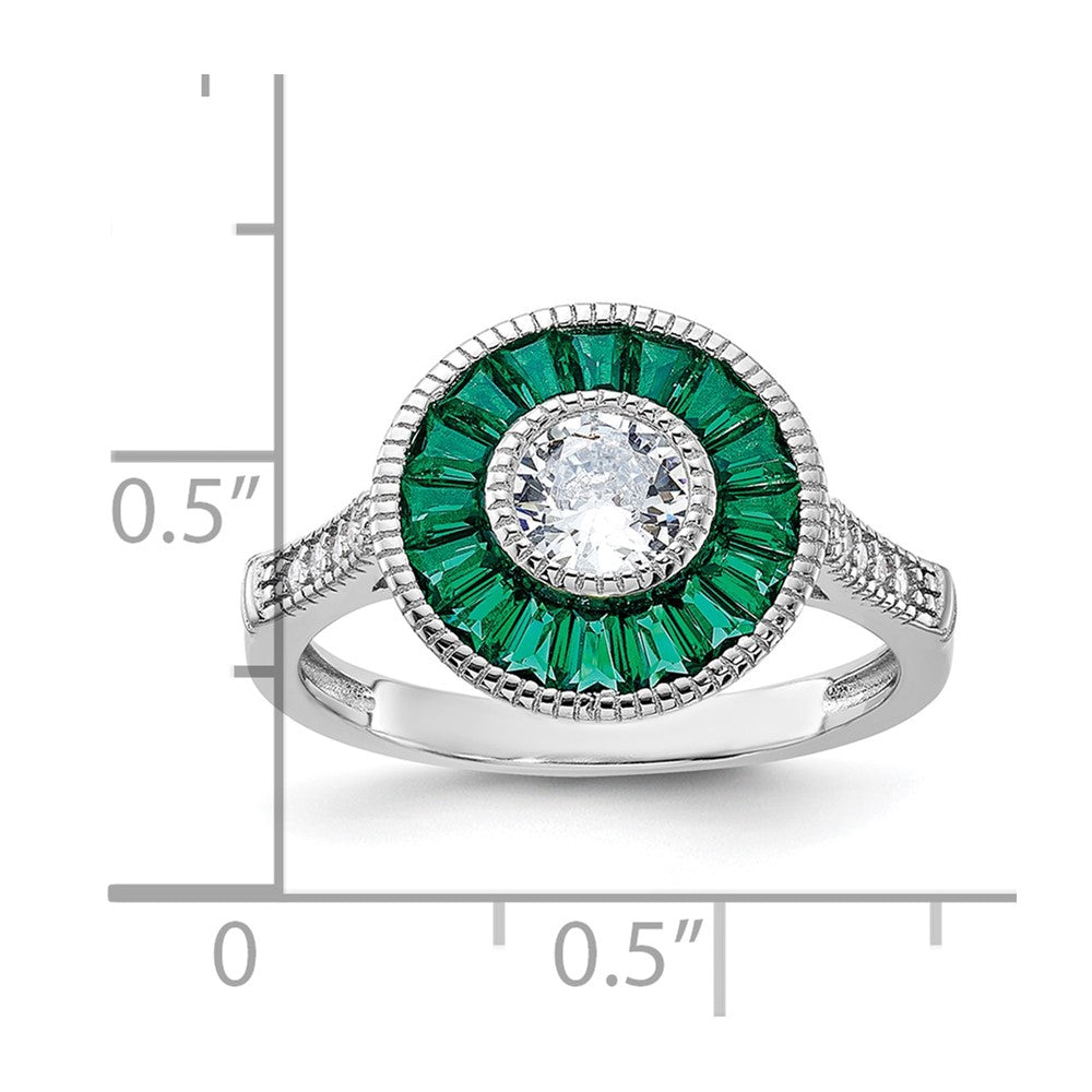 Sterling Silver Rhodium-plated Synthetic Green Spinel and CZ Ring