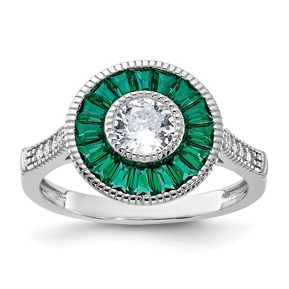 Sterling Silver Rhodium-plated Synthetic Green Spinel and CZ Ring