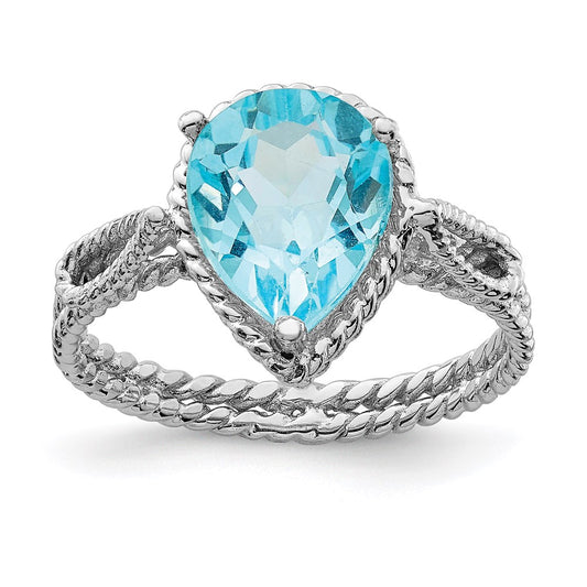 Sterling Silver Rhodium Blue Topaz Pear Twisted Ring