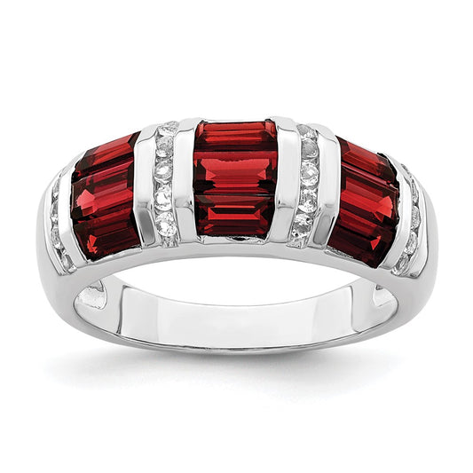 Sterling Silver Rhodium-plated Baguette Garnet & White Topaz Ring