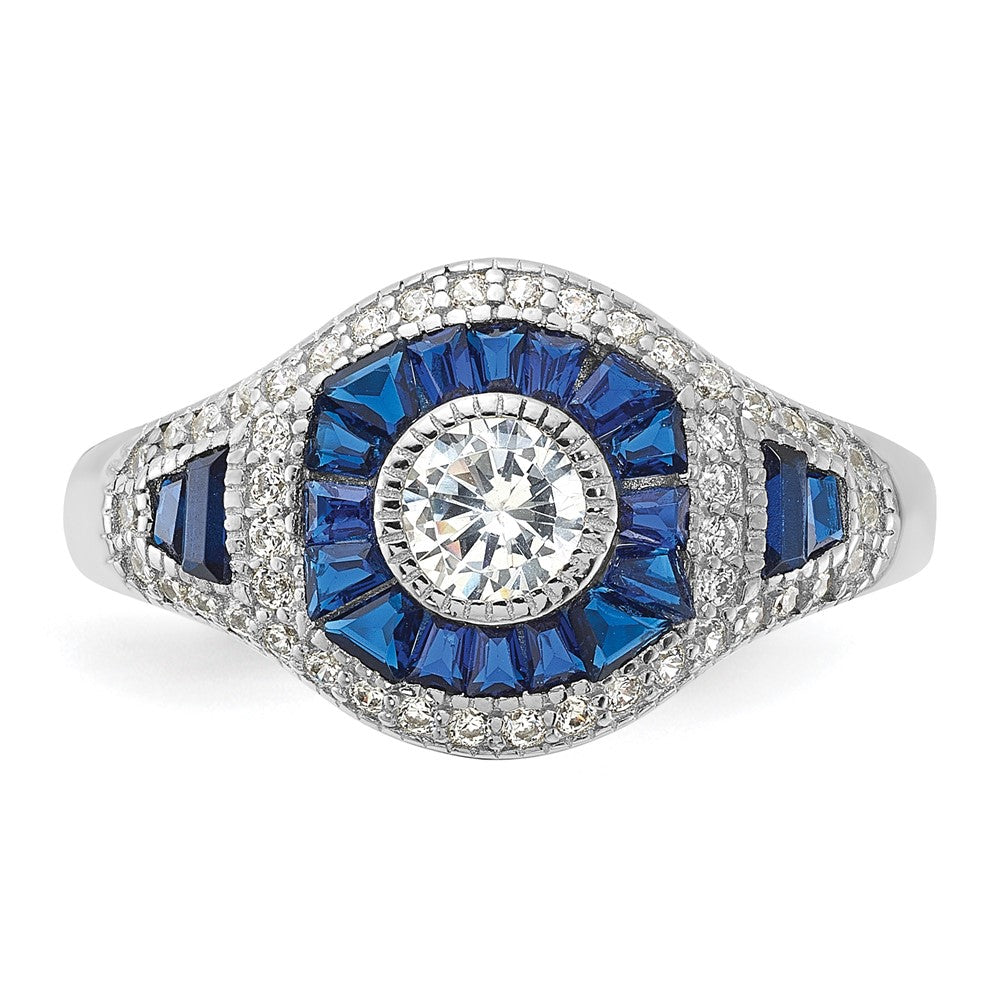 Sterling Silver Rhodium-plated Synthetic Blue Spinel & CZ Ring