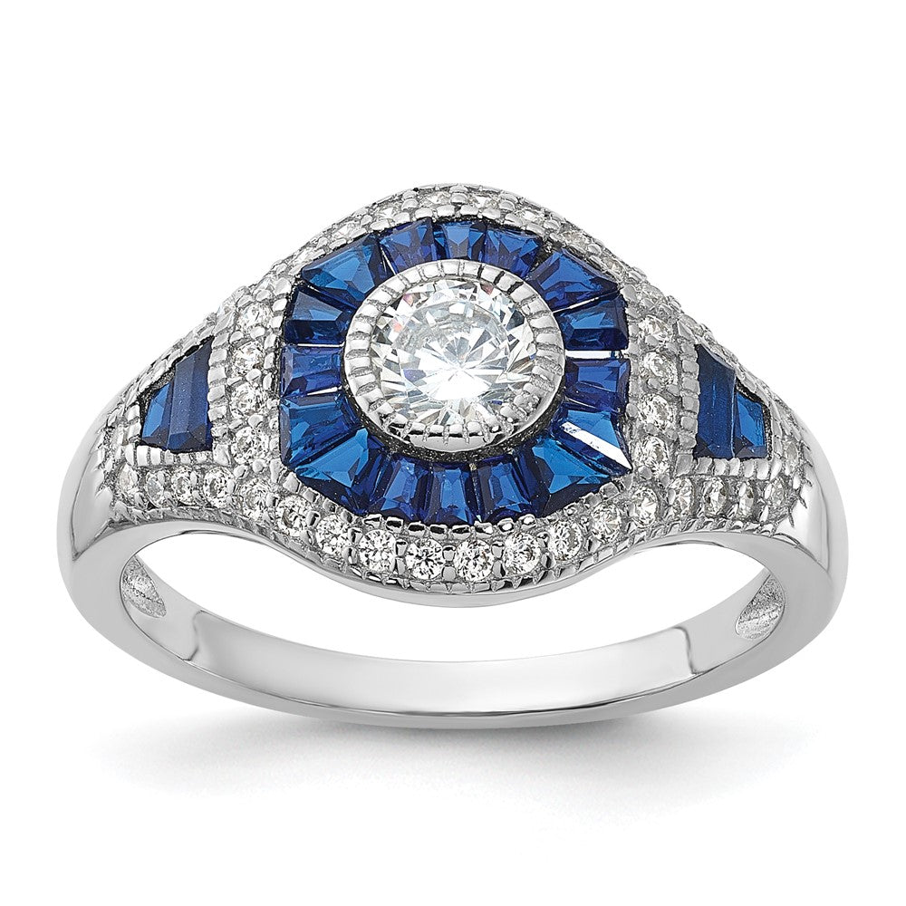 Sterling Silver Rhodium-plated Synthetic Blue Spinel & CZ Ring