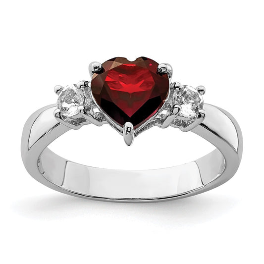 Sterling Silver Rhodium-plated Heart Garnet & White Topaz Ring