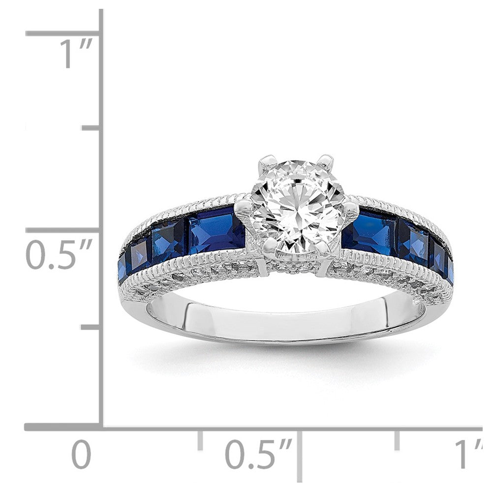 Sterling Silver Rhodium-plated Synthetic Blue Spinel & CZ Ring