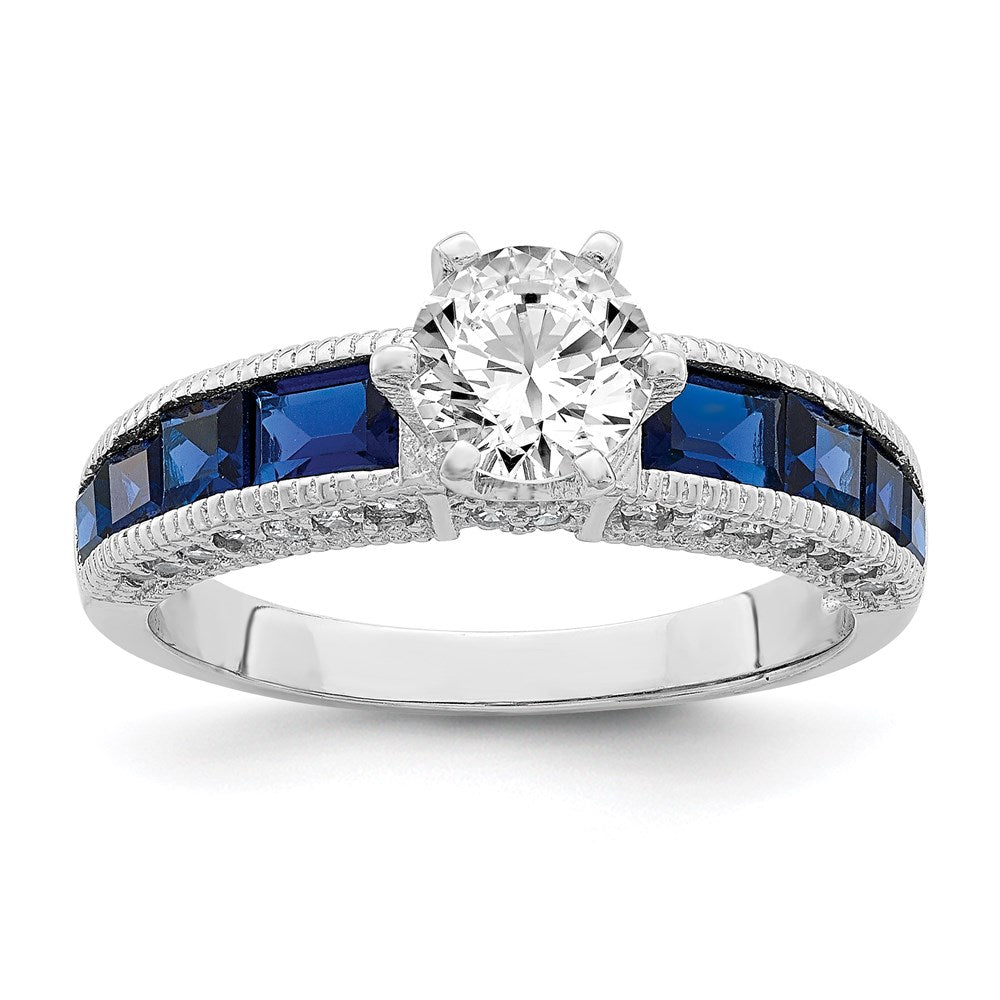 Sterling Silver Rhodium-plated Synthetic Blue Spinel & CZ Ring