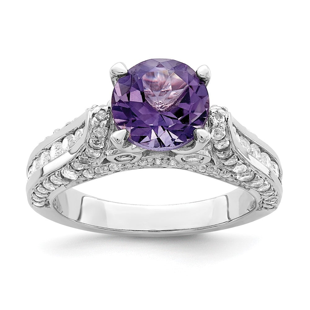 Sterling Silver Rhodium-plated 8mm Amethyst & White Topaz Ring