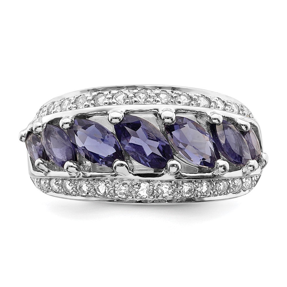 Sterling Silver Rhodium-plated Marquise Iolite/Wht Topaz 7-stone Ring