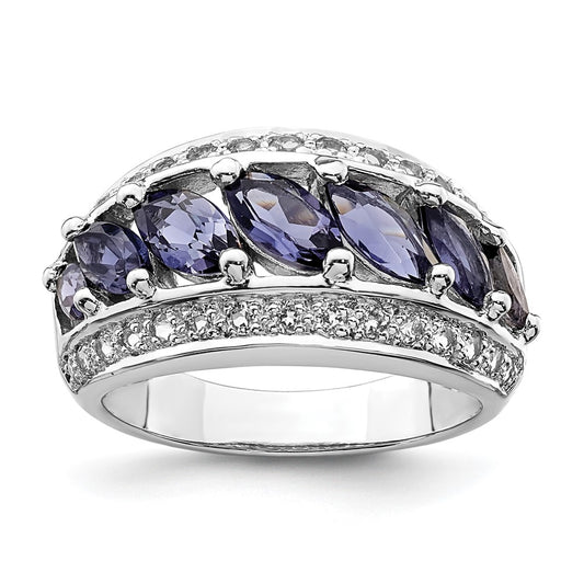 Sterling Silver Rhodium-plated Marquise Iolite/Wht Topaz 7-stone Ring