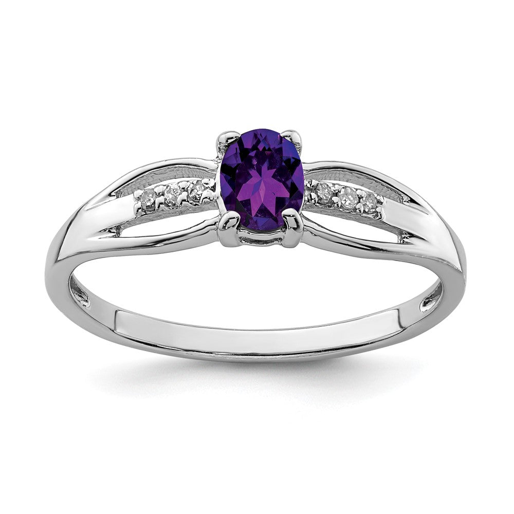 Sterling Silver Rhod-plated Diamond Amethyst Ring