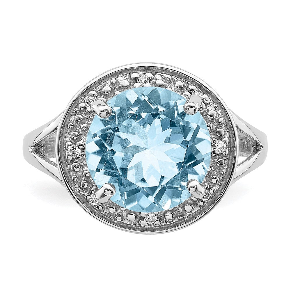 Sterling Silver Rhodium-plated 10mm Round Blue Topaz & CZ Ring