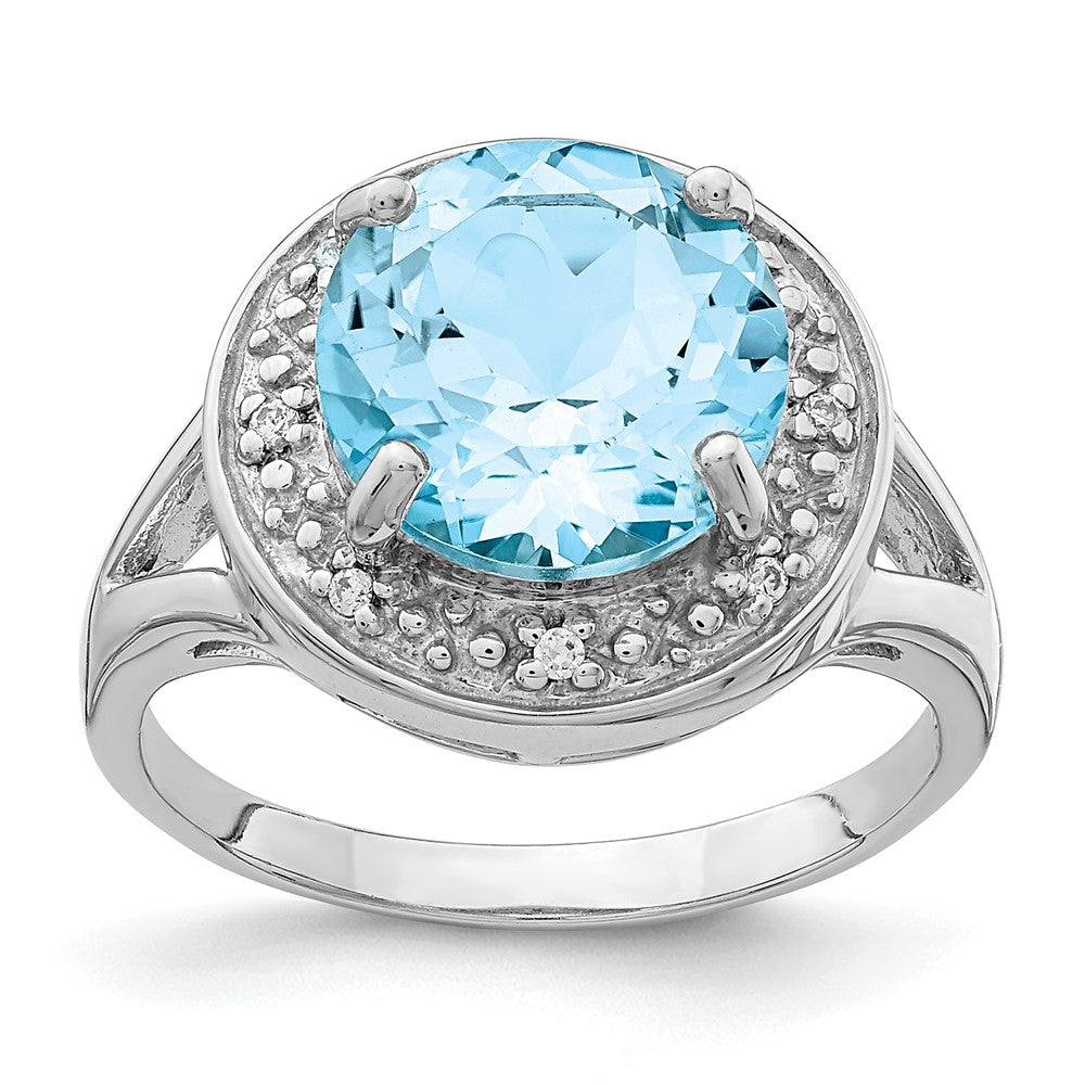 Sterling Silver Rhodium-plated 10mm Round Blue Topaz & CZ Ring