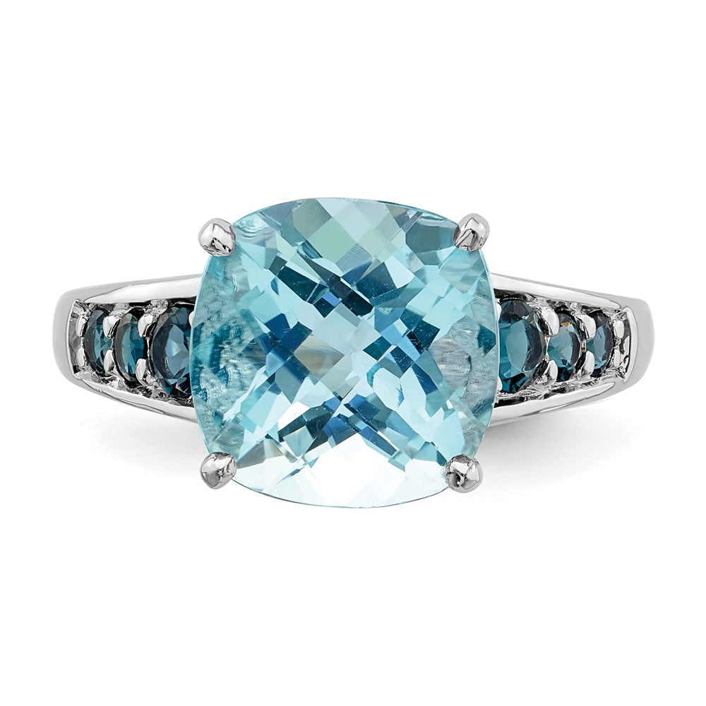 Sterling Silver Rhodium-plated Sky Blue Cushion & London Blue Topaz Ring