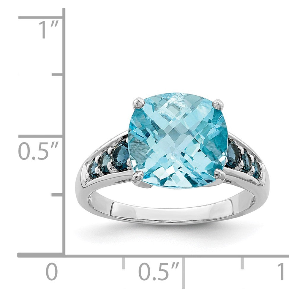 Sterling Silver Rhodium-plated Sky Blue Cushion & London Blue Topaz Ring