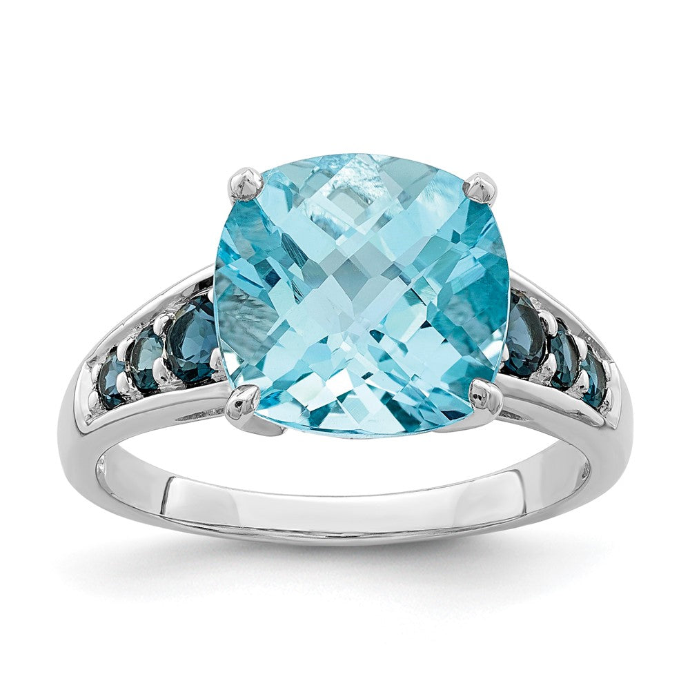 Sterling Silver Rhodium-plated Sky Blue Cushion & London Blue Topaz Ring