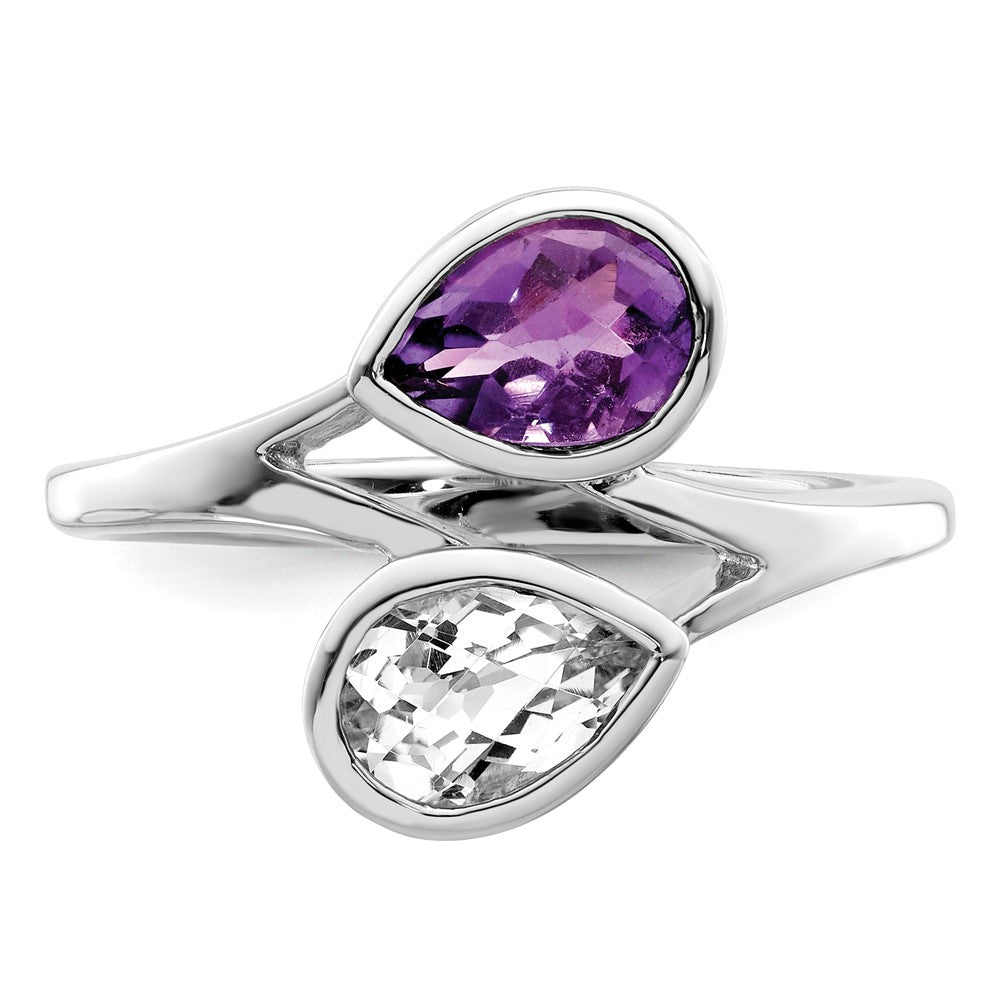 Sterling Silver Rhodium-plated Pear Shape Amethyst & White Topaz Ring