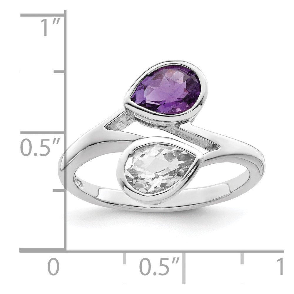 Sterling Silver Rhodium-plated Pear Shape Amethyst & White Topaz Ring