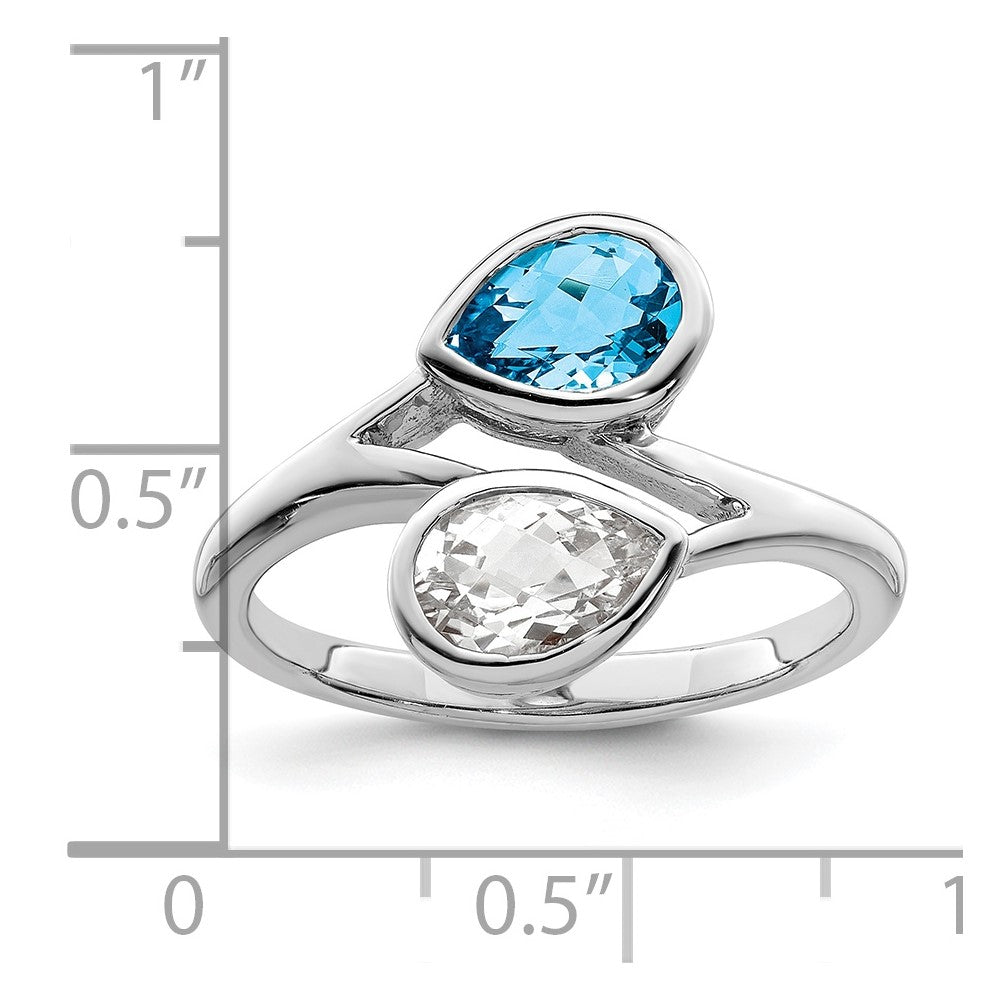 Sterling Silver Rhodium-plated Polished Blue & White Topaz ByPass Ring