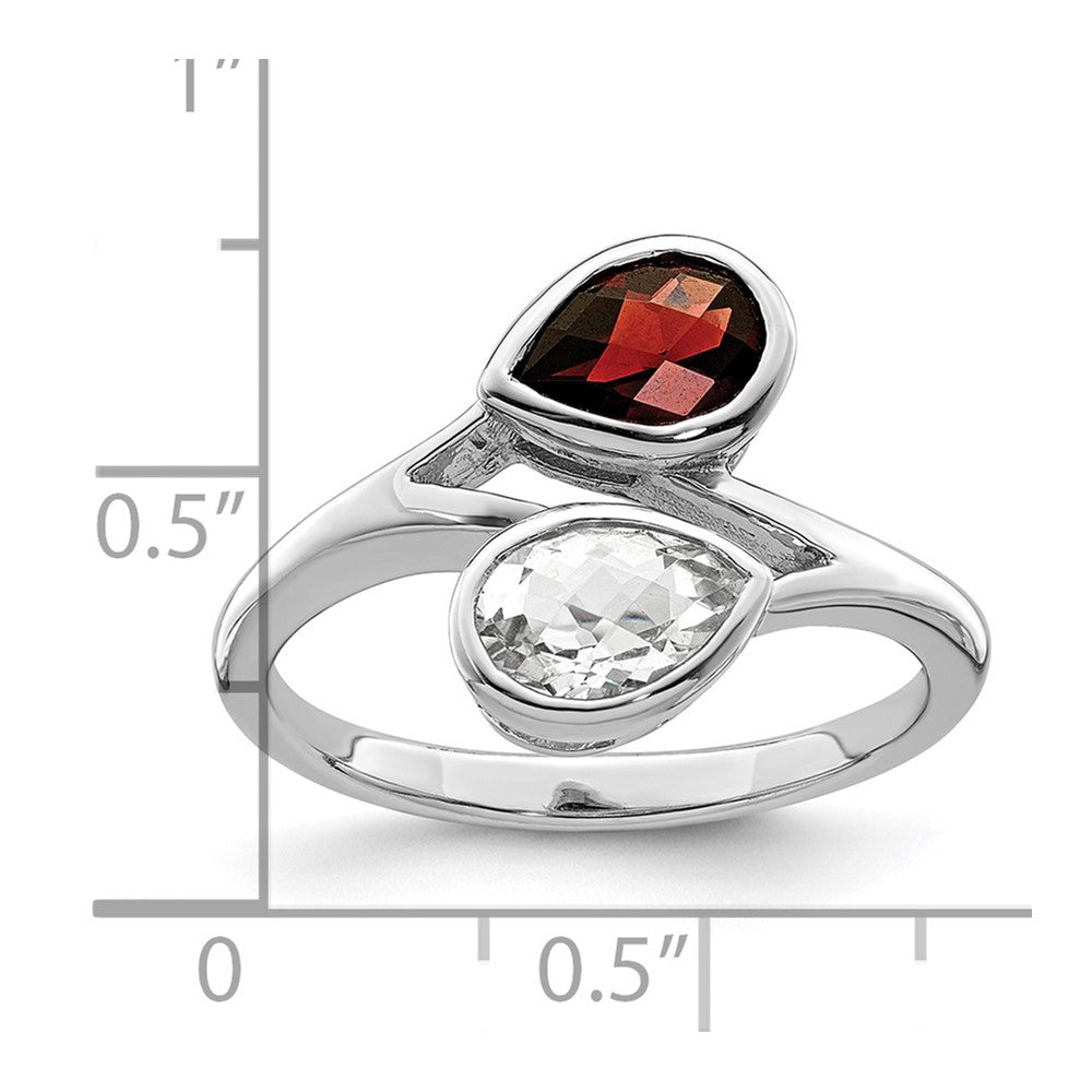 Sterling Silver Rhodium-plated Polished Garnet & White Topaz ByPass Ring