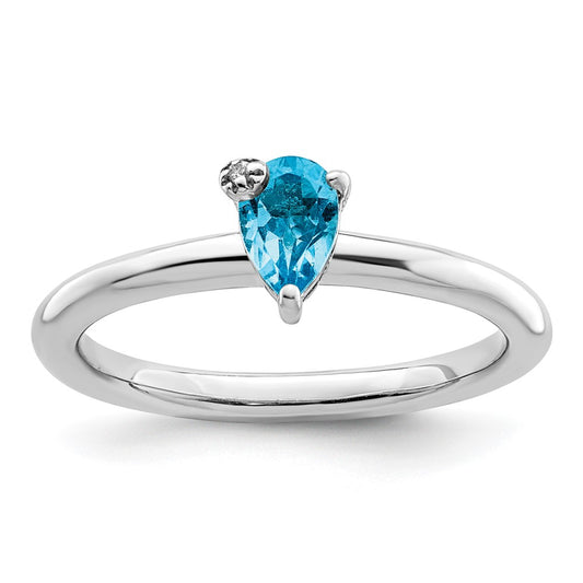 Sterling Silver Rhodium-plated Pear Swiss Blue Topaz & White Topaz Ring