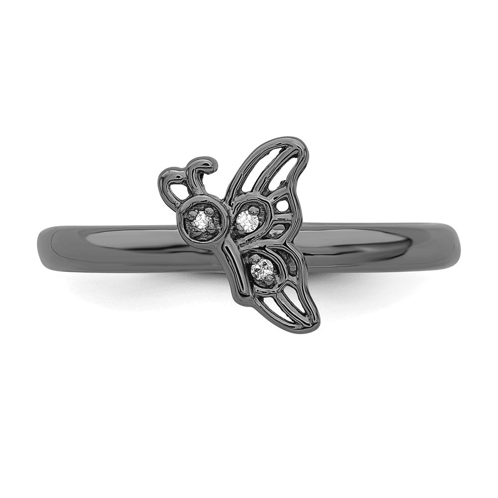 Sterling Silver Stackable Expressions Black-plated Butterfly w/Diamond Ring