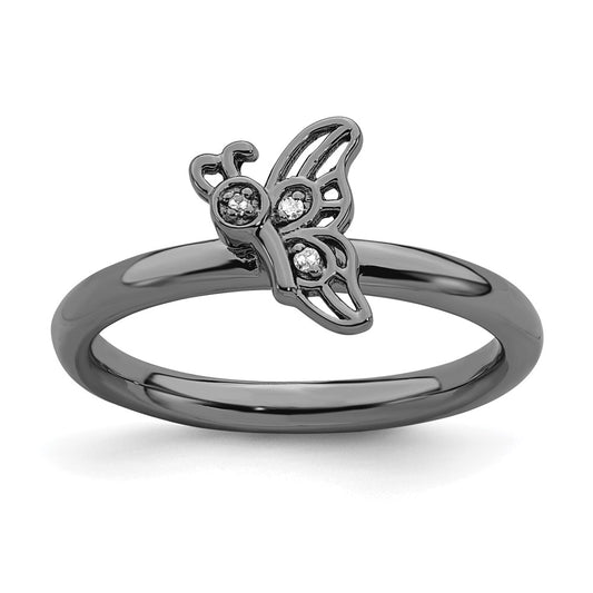 Sterling Silver Stackable Expressions Black-plated Butterfly w/Diamond Ring