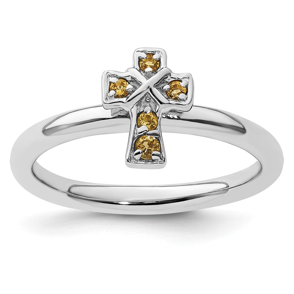 Sterling Silver Stackable Expressions Rhodium Citrine Cross Ring