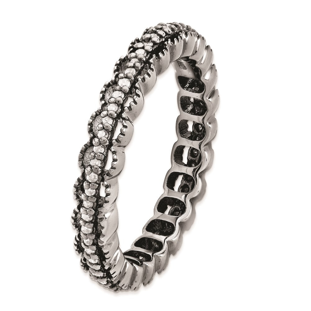 Sterling Silver Stackable Expressions Black-plated Carved w/Diamond Ring