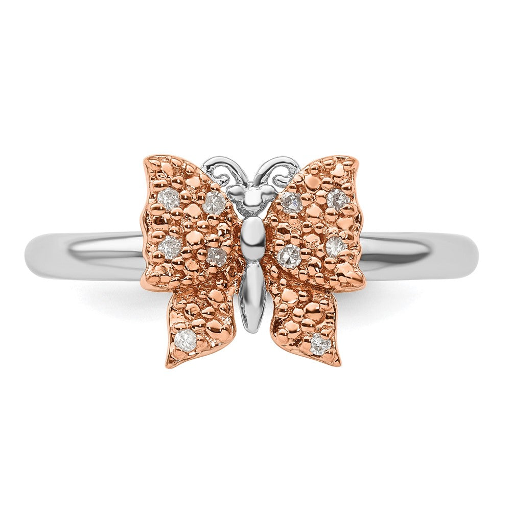 Sterling Silver & Rose Plated Stackable Expression Dia. Butterfly Ring