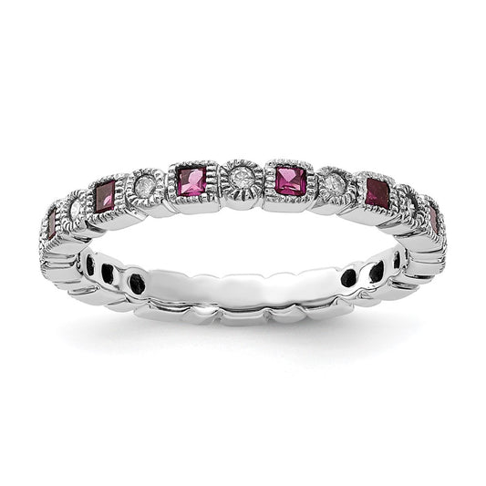 Sterling Silver Stackable Expressions Polished Created Ruby & Diamond Ring