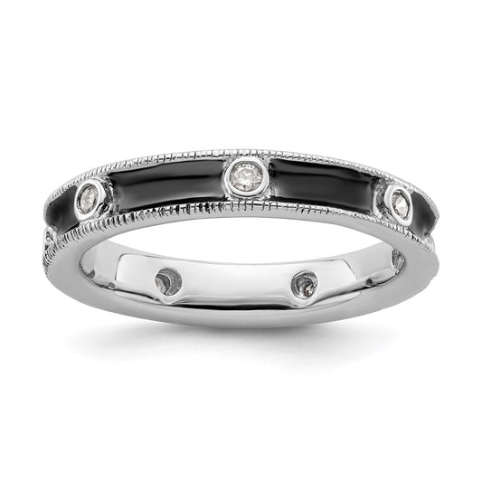 Sterling Silver Stackable Expressions Polished Diamond Antiqued Ring