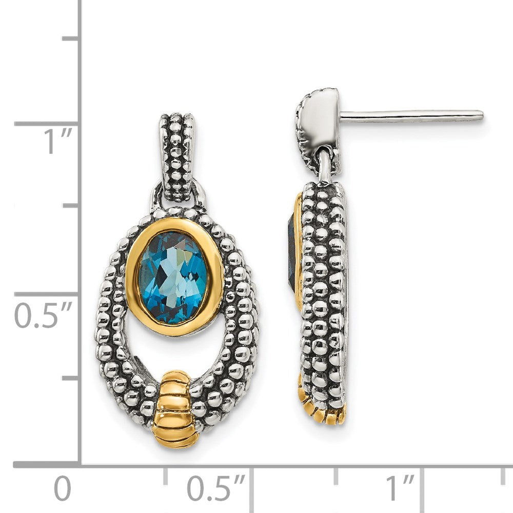 Shey Couture Sterling Silver Gold-tone Flash Gold-plated Antiqued Oval Bezel London Blue Topaz Post Dangle Earrings