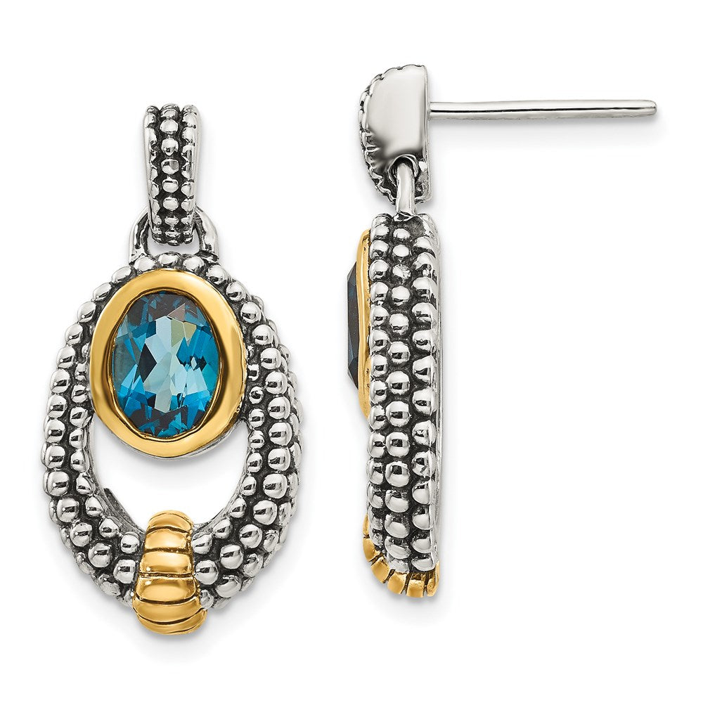 Shey Couture Sterling Silver Gold-tone Flash Gold-plated Antiqued Oval Bezel London Blue Topaz Post Dangle Earrings