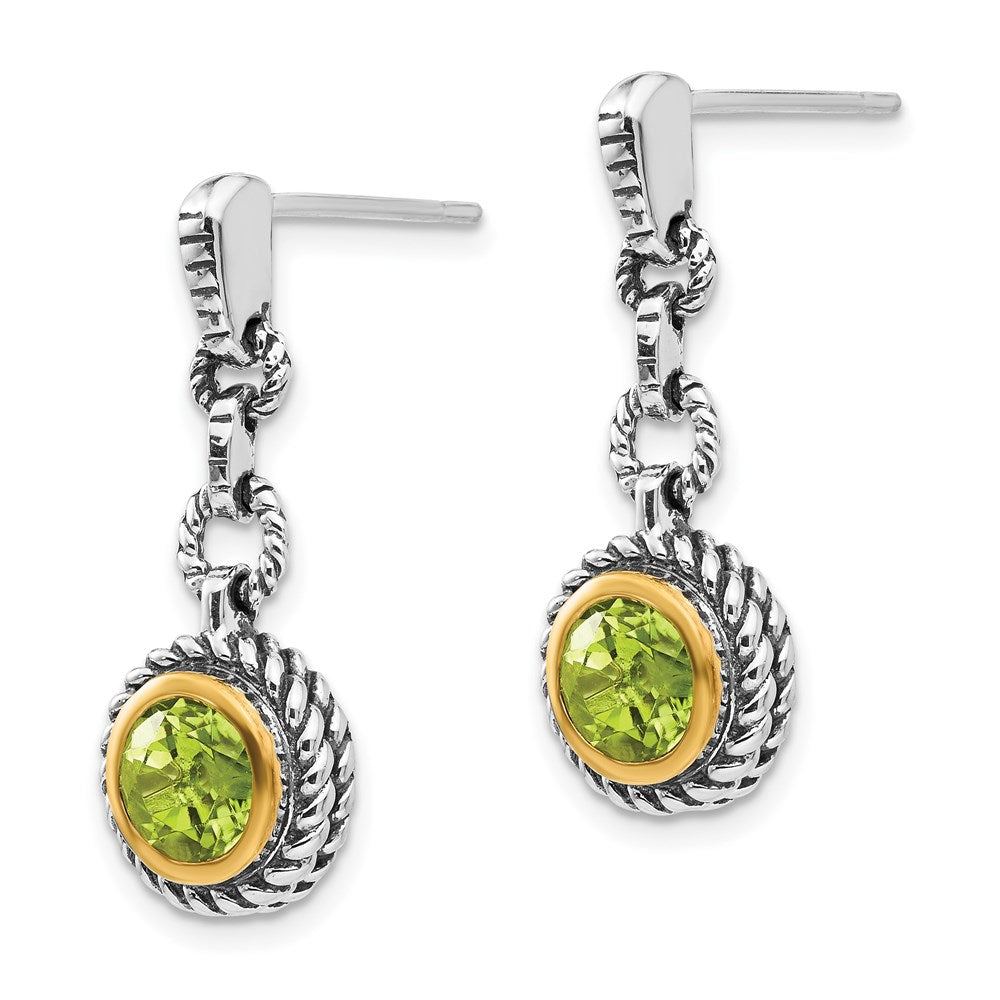 Shey Couture Sterling Silver Gold-tone Flash Gold-plated Antiqued Round Bezel Peridot Post Dangle Earrings